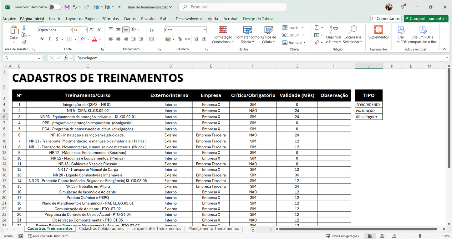 Dashboard Matriz de Treinamentos 1.2 no Power BI