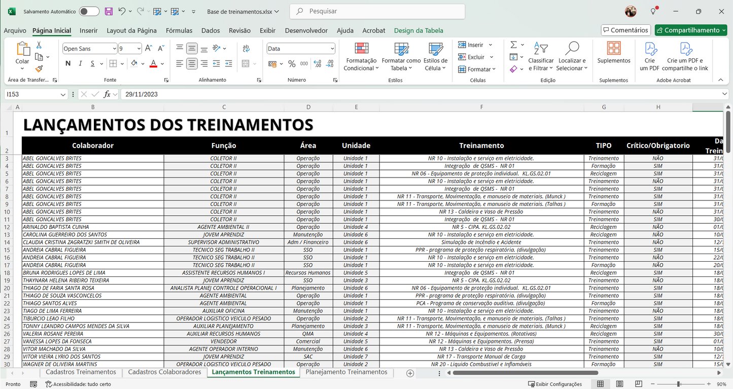 Dashboard Matriz de Treinamentos 1.2 no Power BI