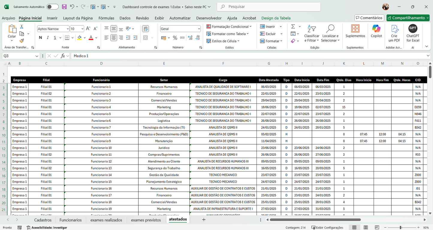 Dashboard Controle de Exames e Atestados 1.1 no Power BI – Gestão de Saúde Ocupacional Completa
