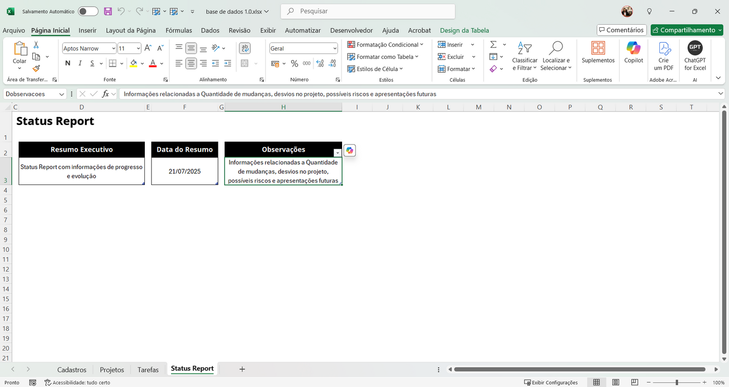 Dashboard Status Report de Projetos no Power BI