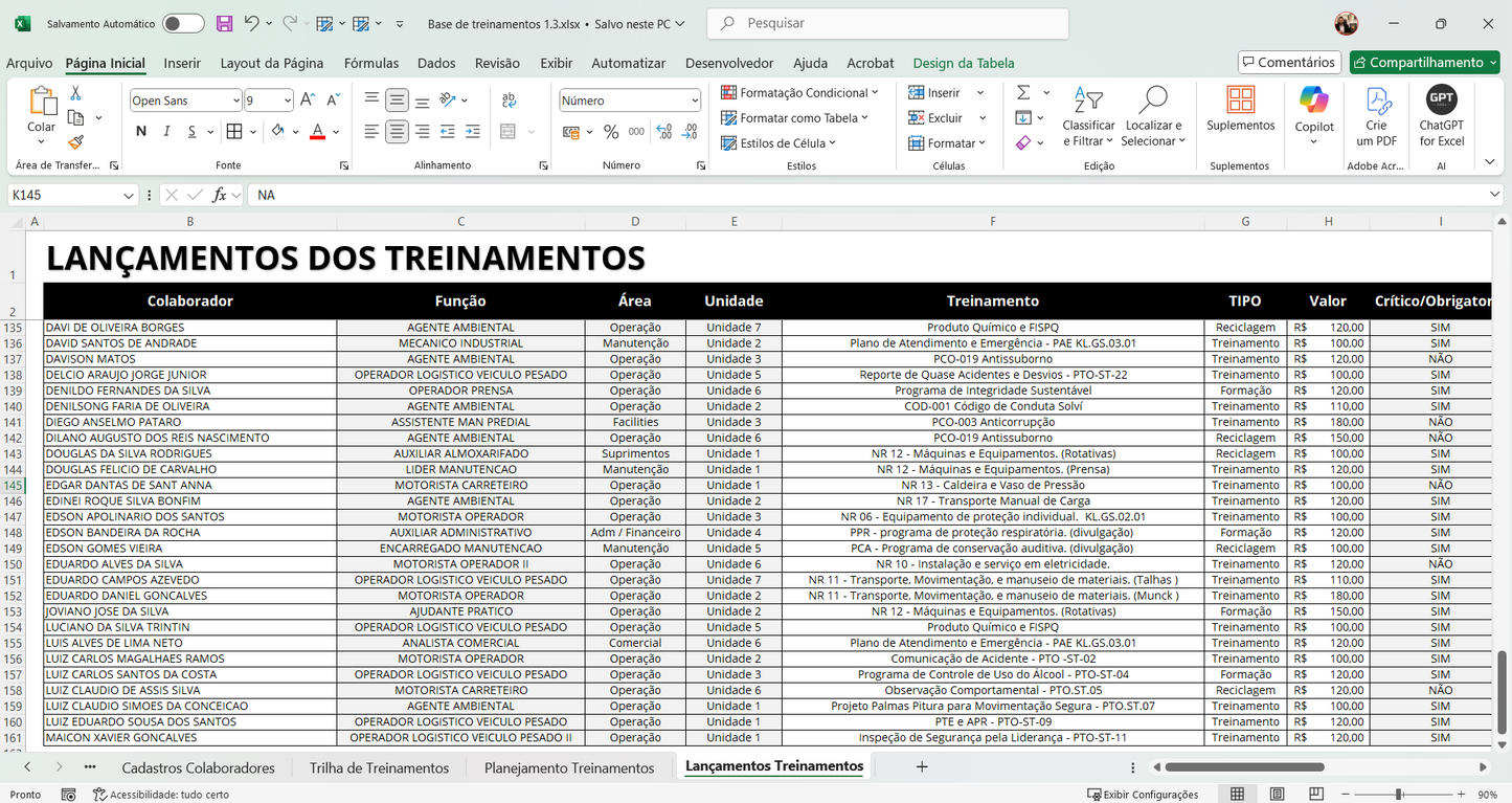 Dashboard Matriz de Treinamentos 1.3 – Power BI